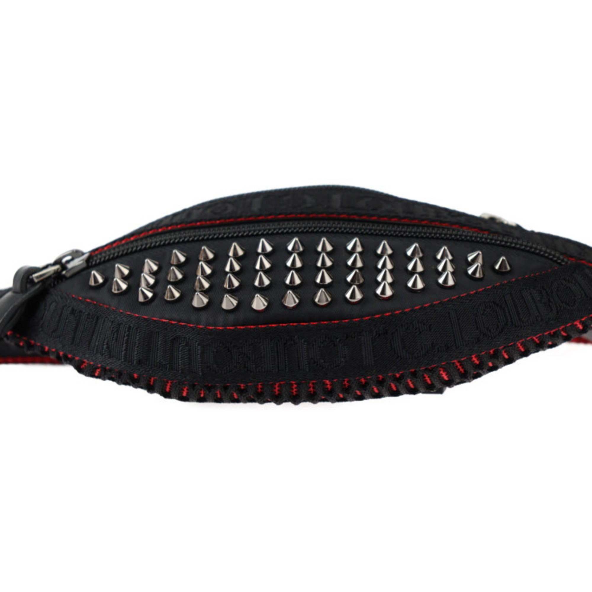 Christian Louboutin Paris New York City Small Bag Waist 1215067 Nylon Calf Leather Black Red Body Pouch Spike Studs