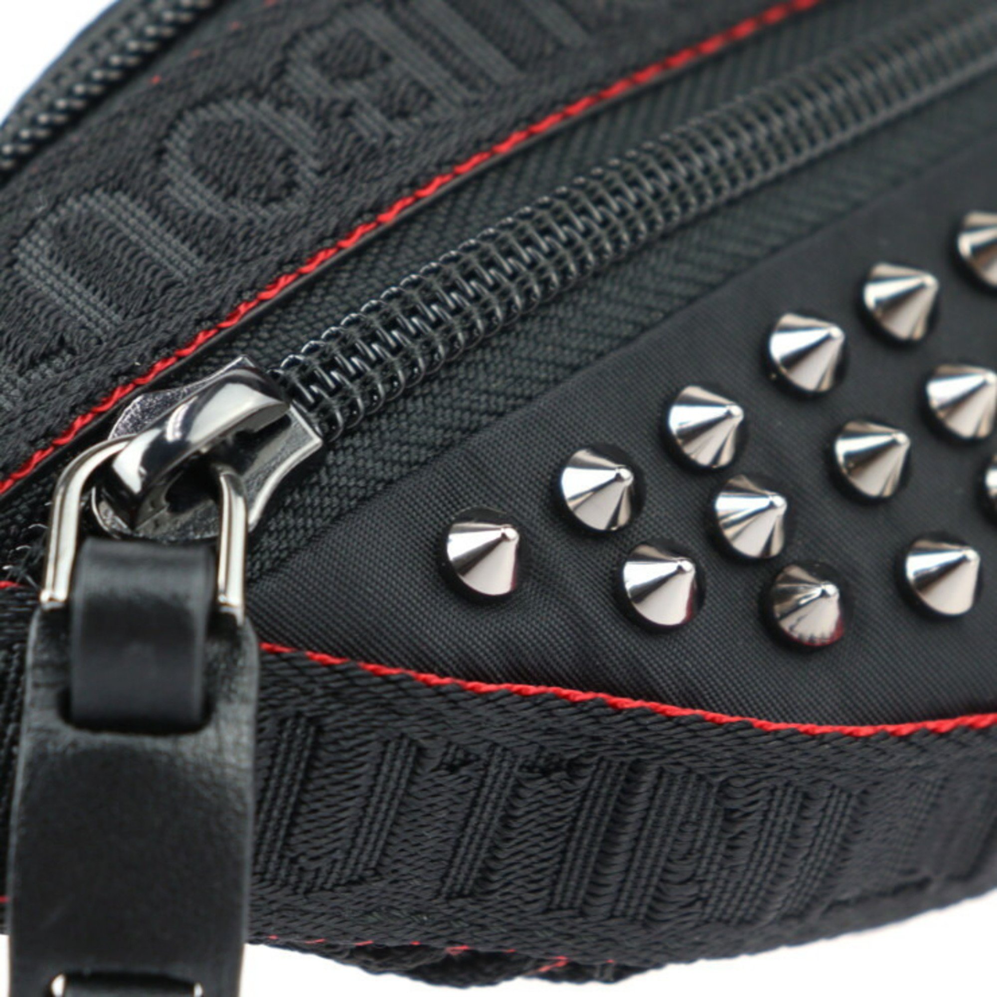 Christian Louboutin Paris New York City Small Bag Waist 1215067 Nylon Calf Leather Black Red Body Pouch Spike Studs