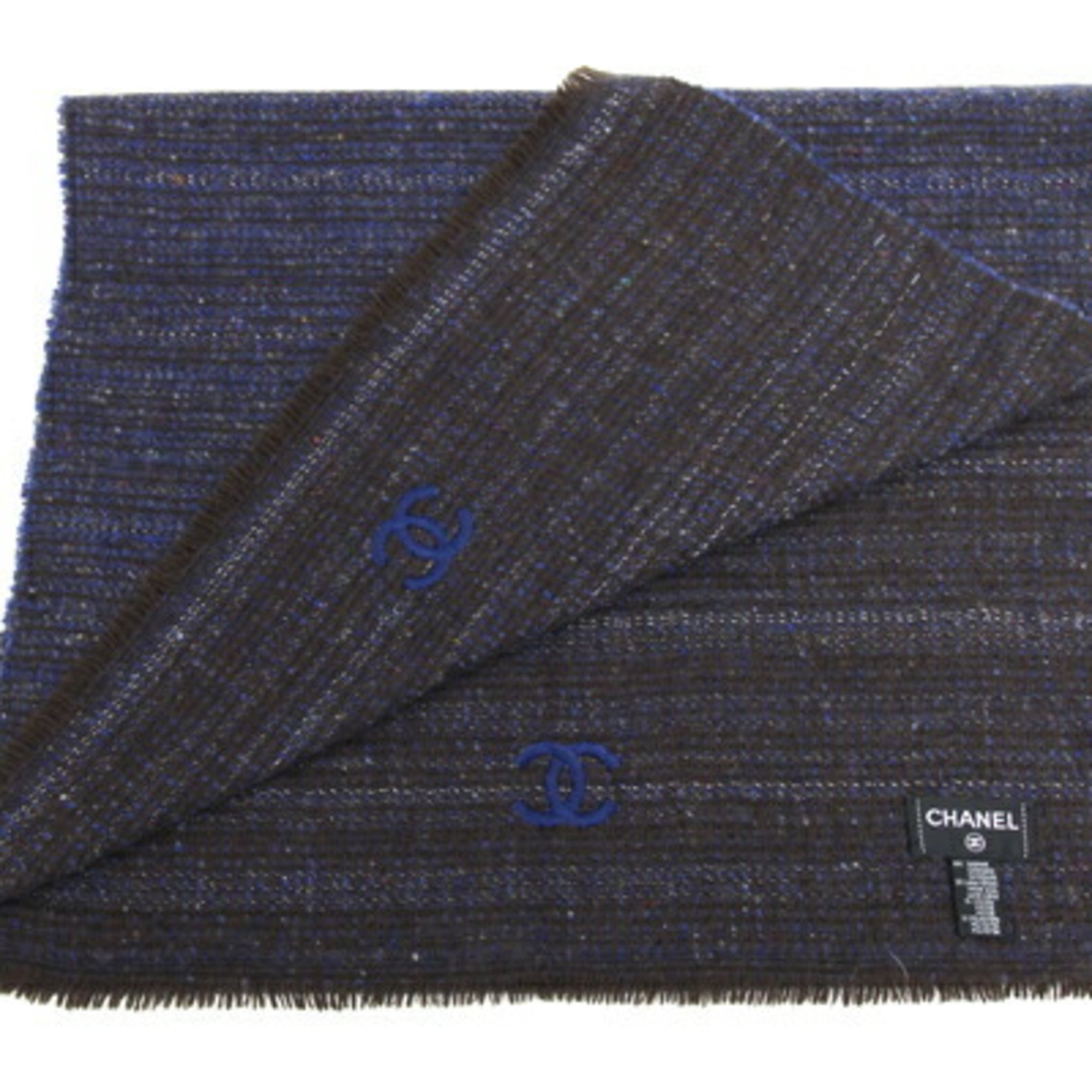 Chanel scarf navy dark brown cashmere wool viscose polyester shawl women's coco mark tweed CHANEL