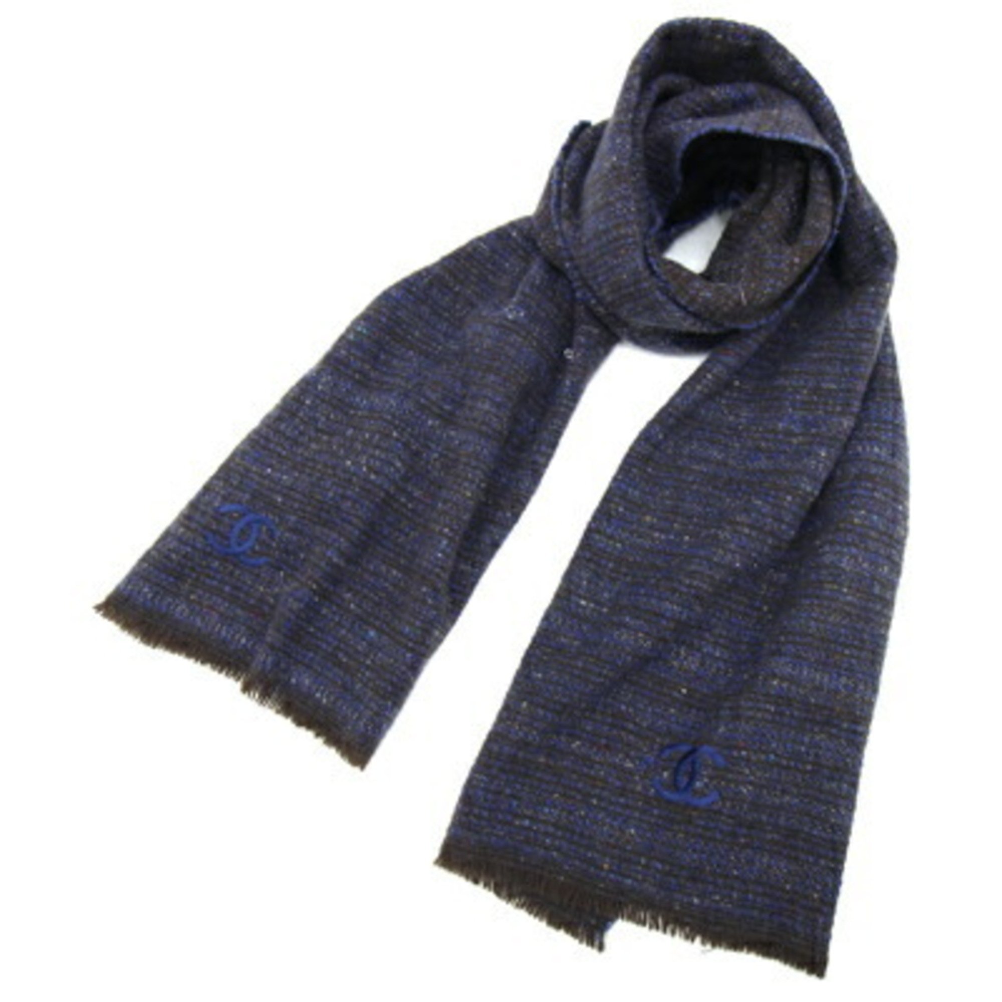 Chanel scarf navy dark brown cashmere wool viscose polyester shawl women's coco mark tweed CHANEL