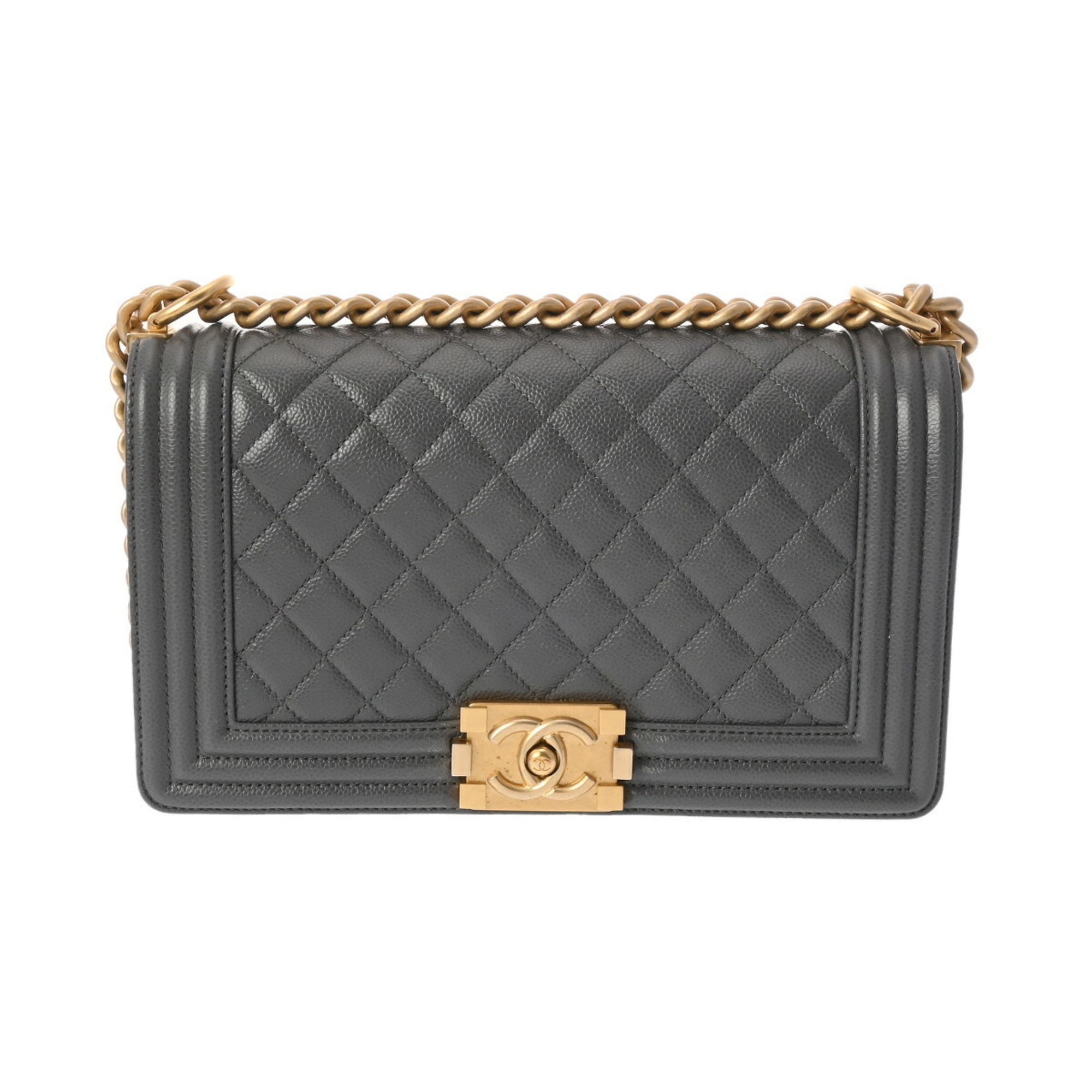 CHANEL Boy Chanel Chain Shoulder 25cm Grey Women's Caviar Skin Bag