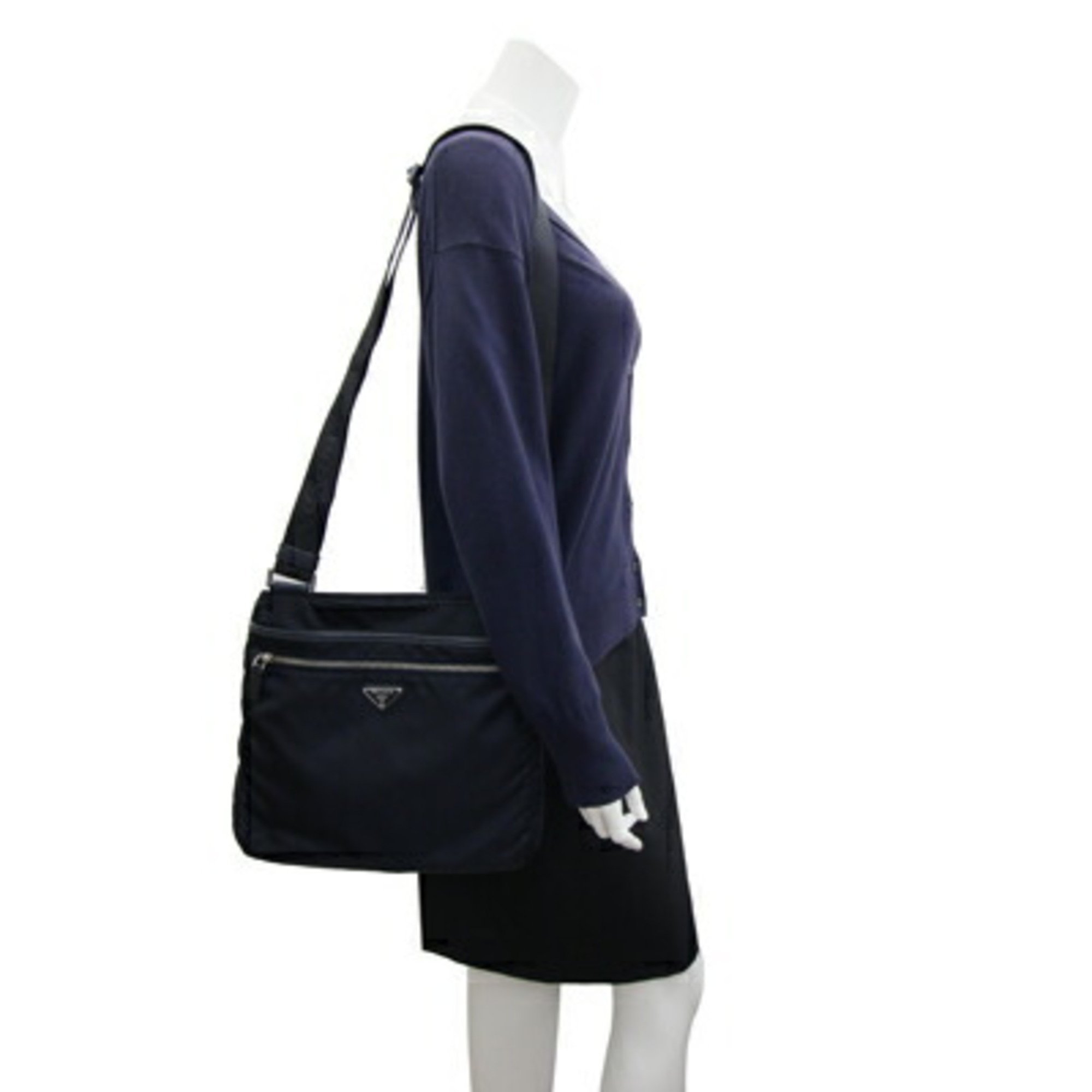 Prada Shoulder Bag 2VH251 Navy Nylon Leather Triangle Black Women Men PRADA