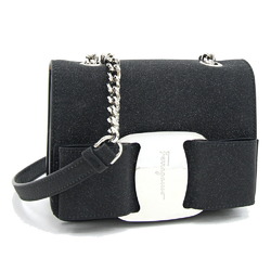 Salvatore Ferragamo Shoulder Bag Vara FZ-21 H203 Black Leather Glitter Ribbon Women's Chain