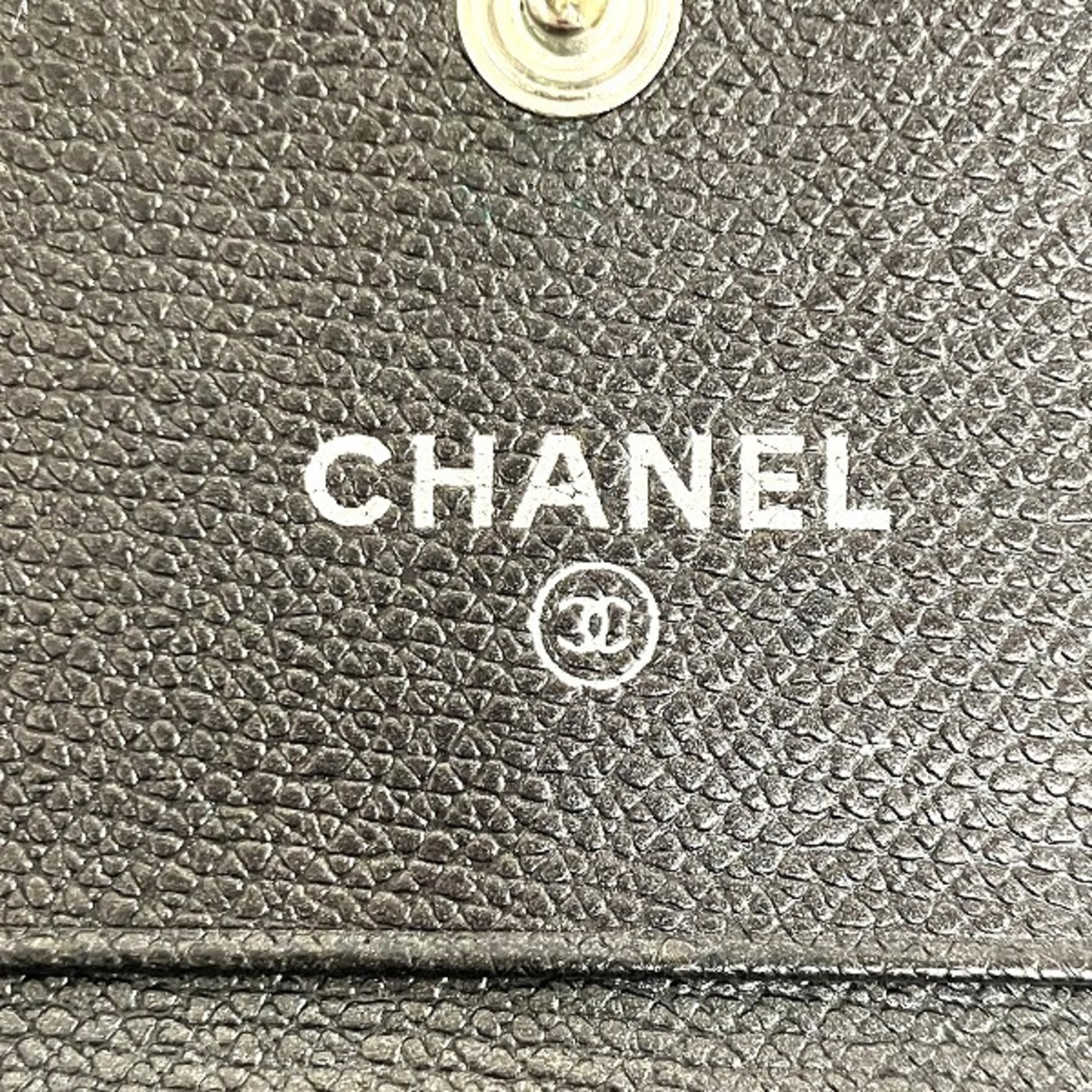 CHANEL Coco Button A20902 W Black Leather Tri-fold Wallet for Women