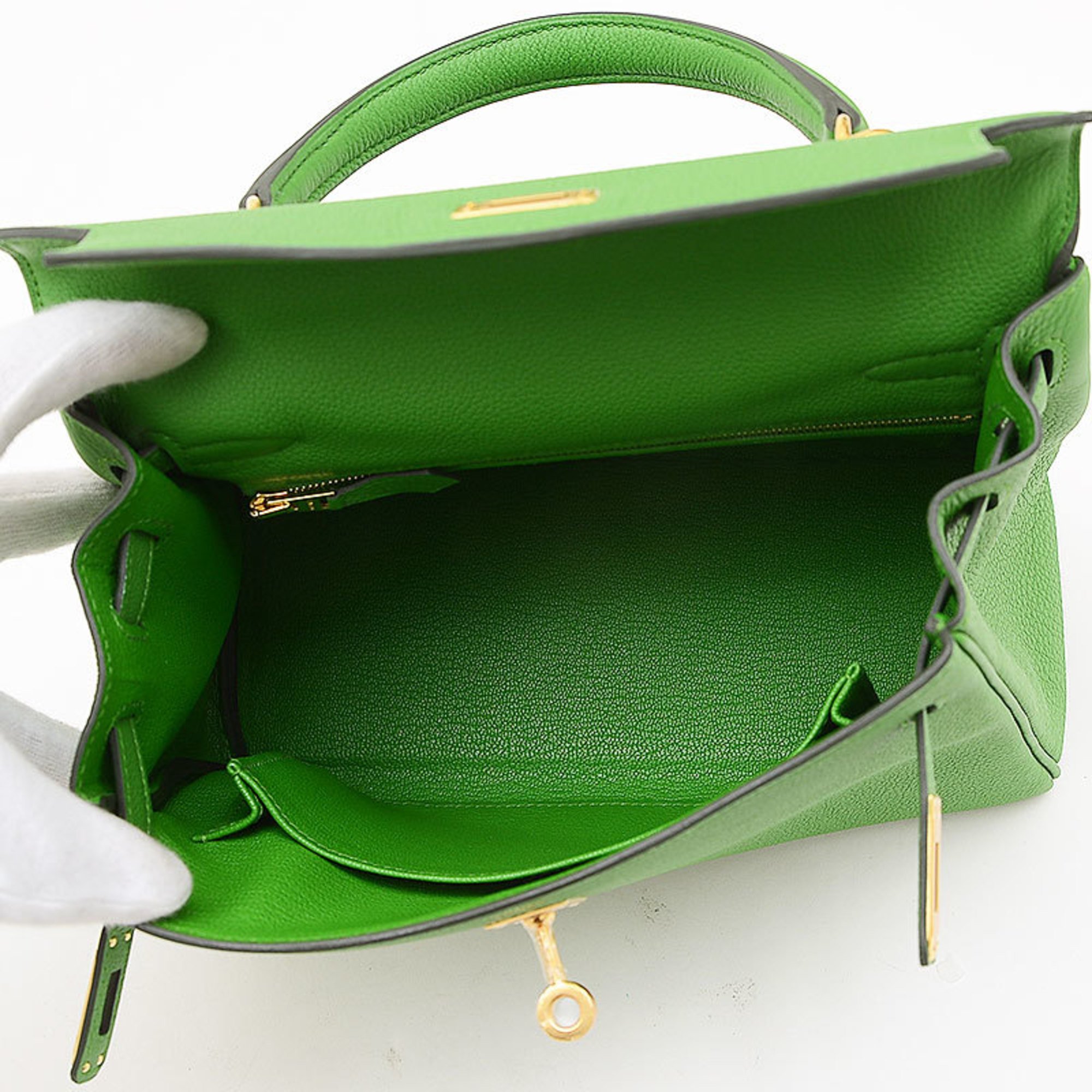 Hermes Kelly 25 Inner Stitching Handbag Togo Vert Yucca W Engraved