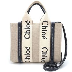 Chloé Chloe Woody Small Tote CHC22AS397126 2-Way Bag Linen Canvas x Calfskin White & Blue 351355