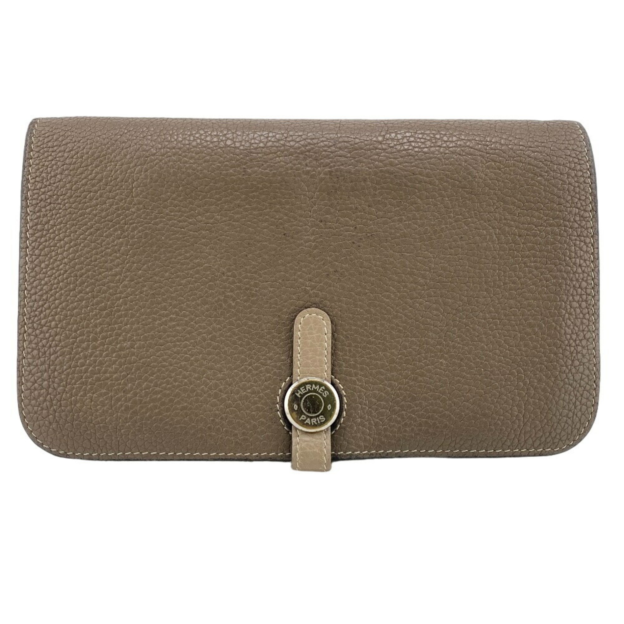 HERMES Dogon Duo 2008 Etoupe Long Wallet Grey Women's