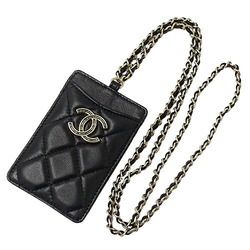 CHANEL Card Case Matelasse Women's Pass Lambskin Black Chain Coco Mark