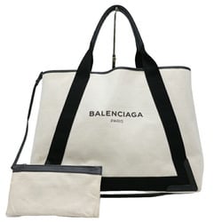 BALENCIAGA Navy Cabas Tote Bag Leather Canvas Women's White Ivory 339936
