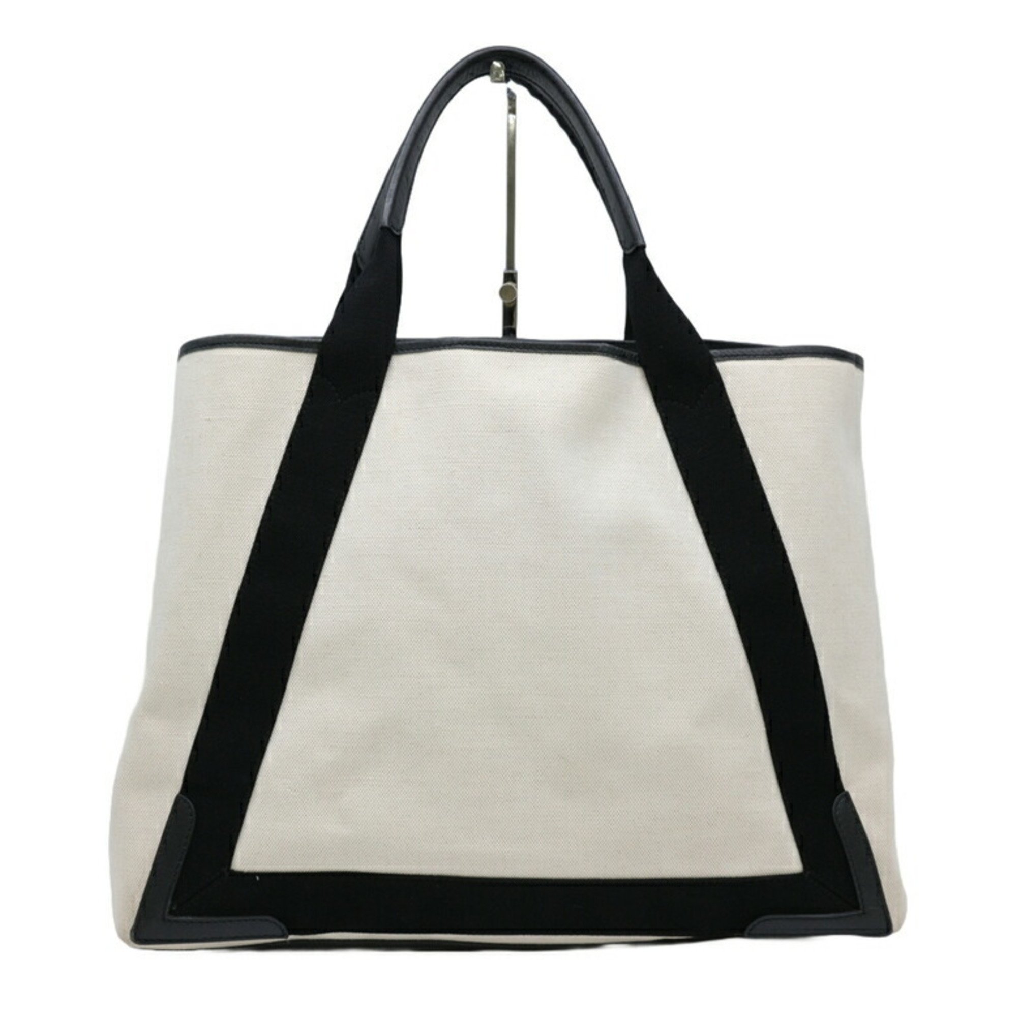 BALENCIAGA Navy Cabas Tote Bag Leather Canvas Women's White Ivory 339936