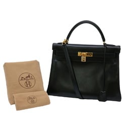 HERMES Kelly 32 Handbag Tote Box Calf Leather Inner Stitching Black