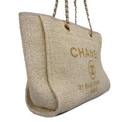 Chanel Shoulder Bag Deauville Chain Tweed White Gold Champagne Women's