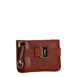 Salvatore Ferragamo Vara Ribbon Embossed Pouch Brown Leather Women's