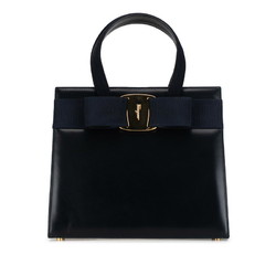 Salvatore Ferragamo Vara Ribbon Handbag BA21 4178 Black Blue Leather Canvas Women's