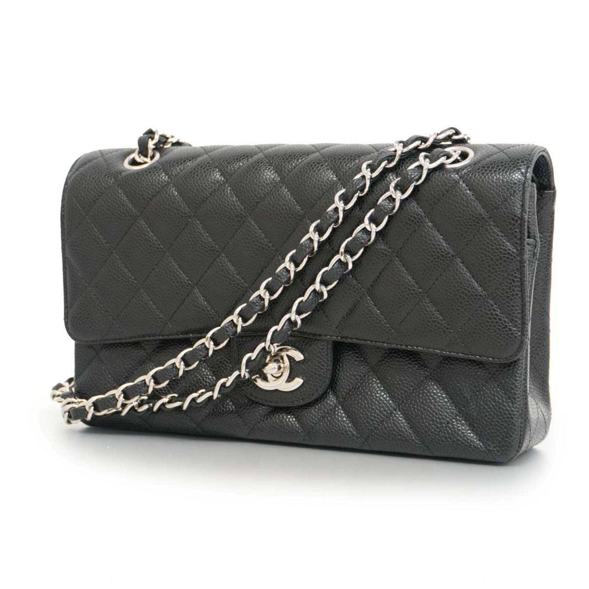 Chanel Shoulder Bag Matelasse W Flap Chain Caviar Skin Black Women's