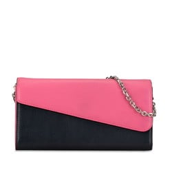 Christian Dior Dior Long Wallet Chain Pink Navy Leather Women's