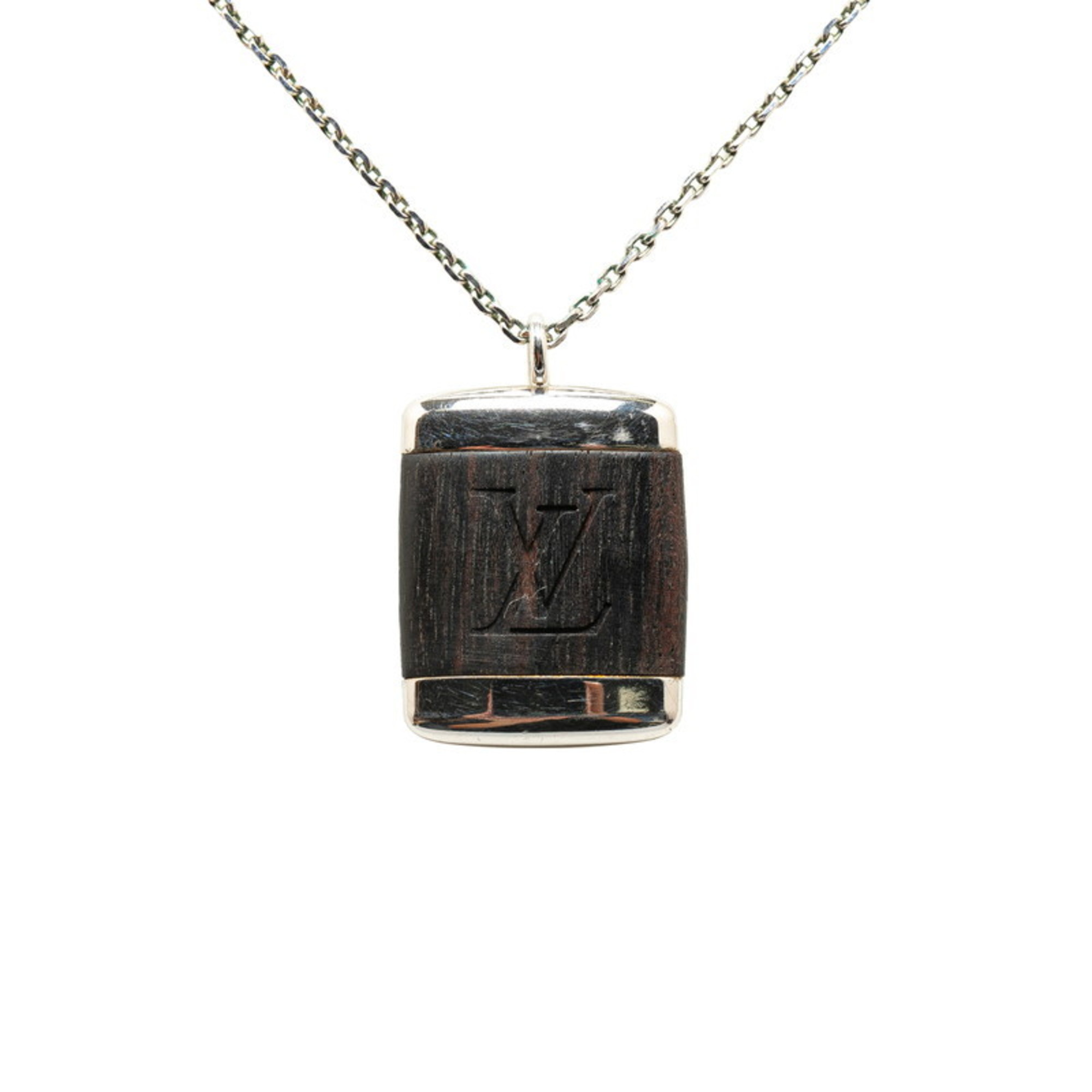 Louis Vuitton Pendant Bois Necklace M65372 Silver Brown Metal Wood Women's LOUIS VUITTON