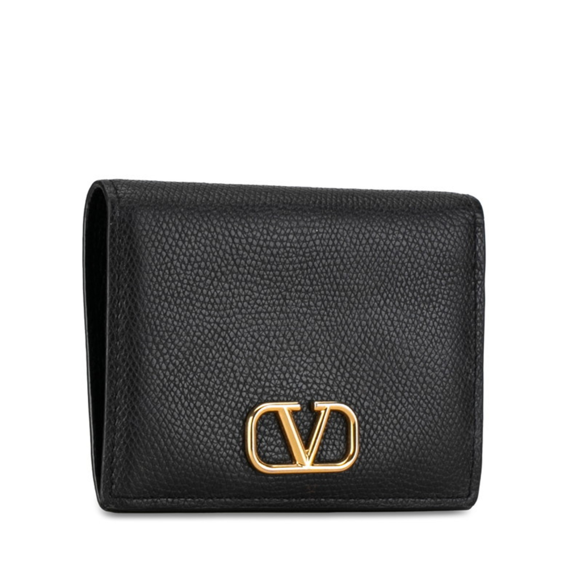 Valentino V Signature Bi-fold Wallet Compact Black Leather Women's