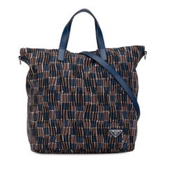 Prada Triangle Plate Saffiano Tote Bag Shoulder Blue Brown Canvas Leather Women's PRADA
