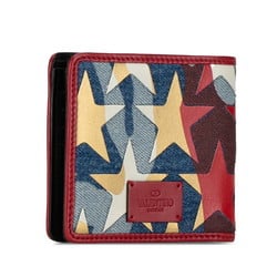 Valentino Star Bi-fold Wallet Compact Red Multicolor Canvas Leather Women's
