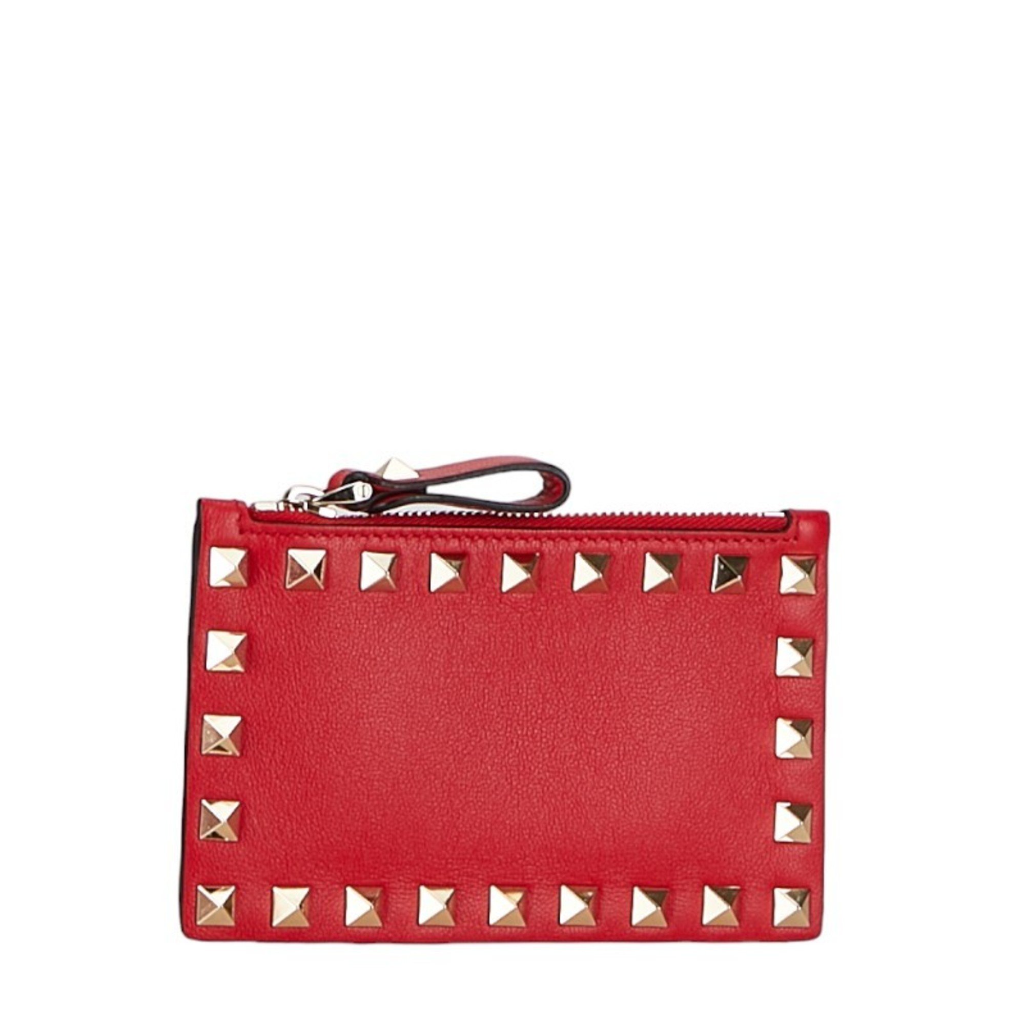 Valentino Rockstud Coin Case Card Red Gold Leather Women's