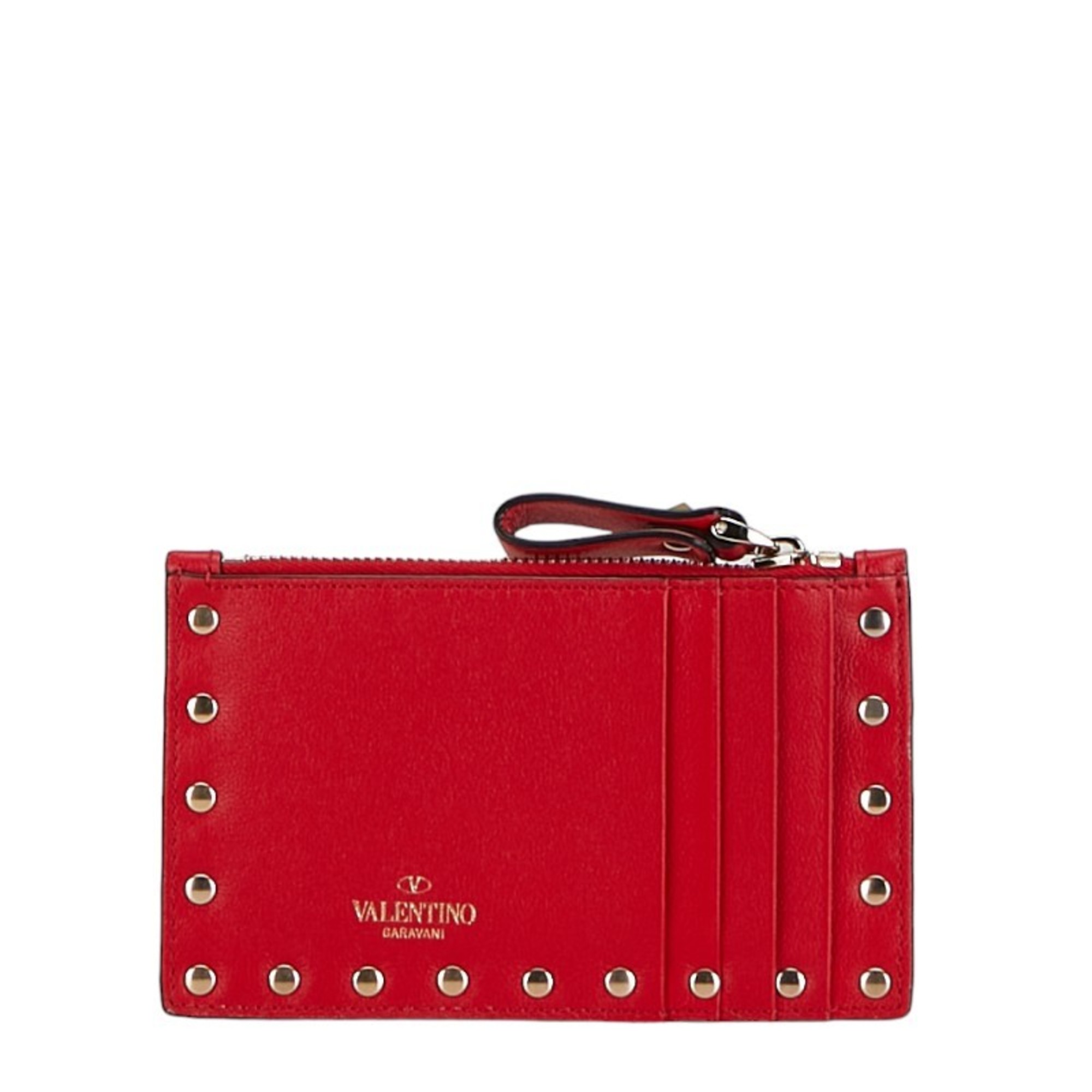 Valentino Rockstud Coin Case Card Red Gold Leather Women's