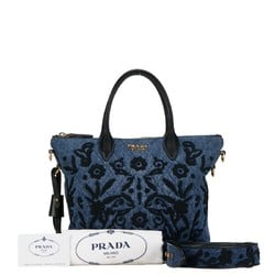 Prada Flower Motif Handbag Shoulder Bag Indigo Blue Black Denim Leather Women's PRADA