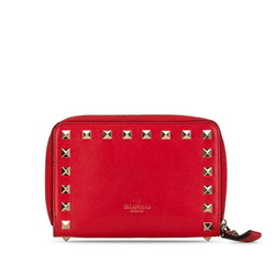 Valentino Rockstud Bi-fold Wallet Red Leather Women's