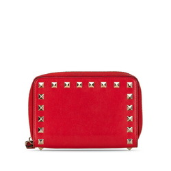 Valentino Rockstud Bi-fold Wallet Red Leather Women's