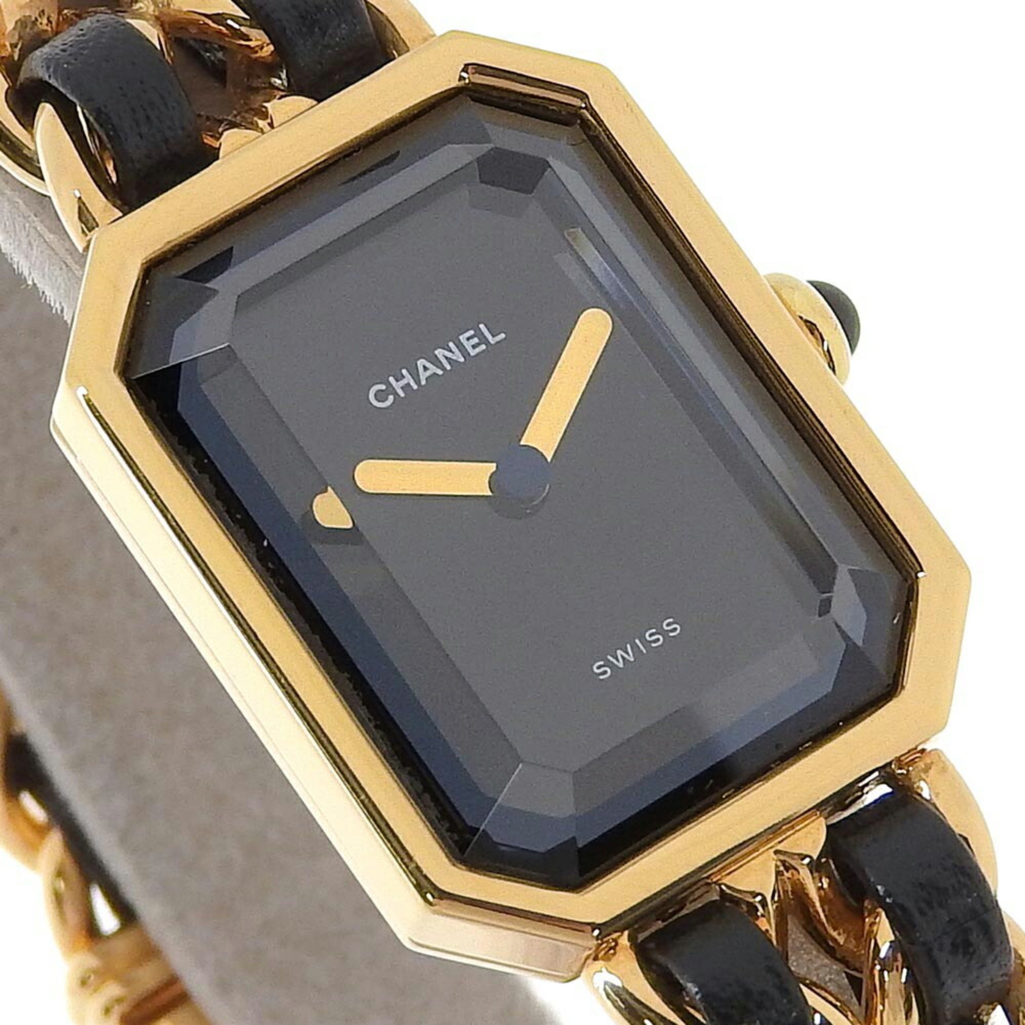 CHANEL Premiere L Watch, Gold Plated x Leather, Quartz, Analog Display, Black Dial, L, Women's