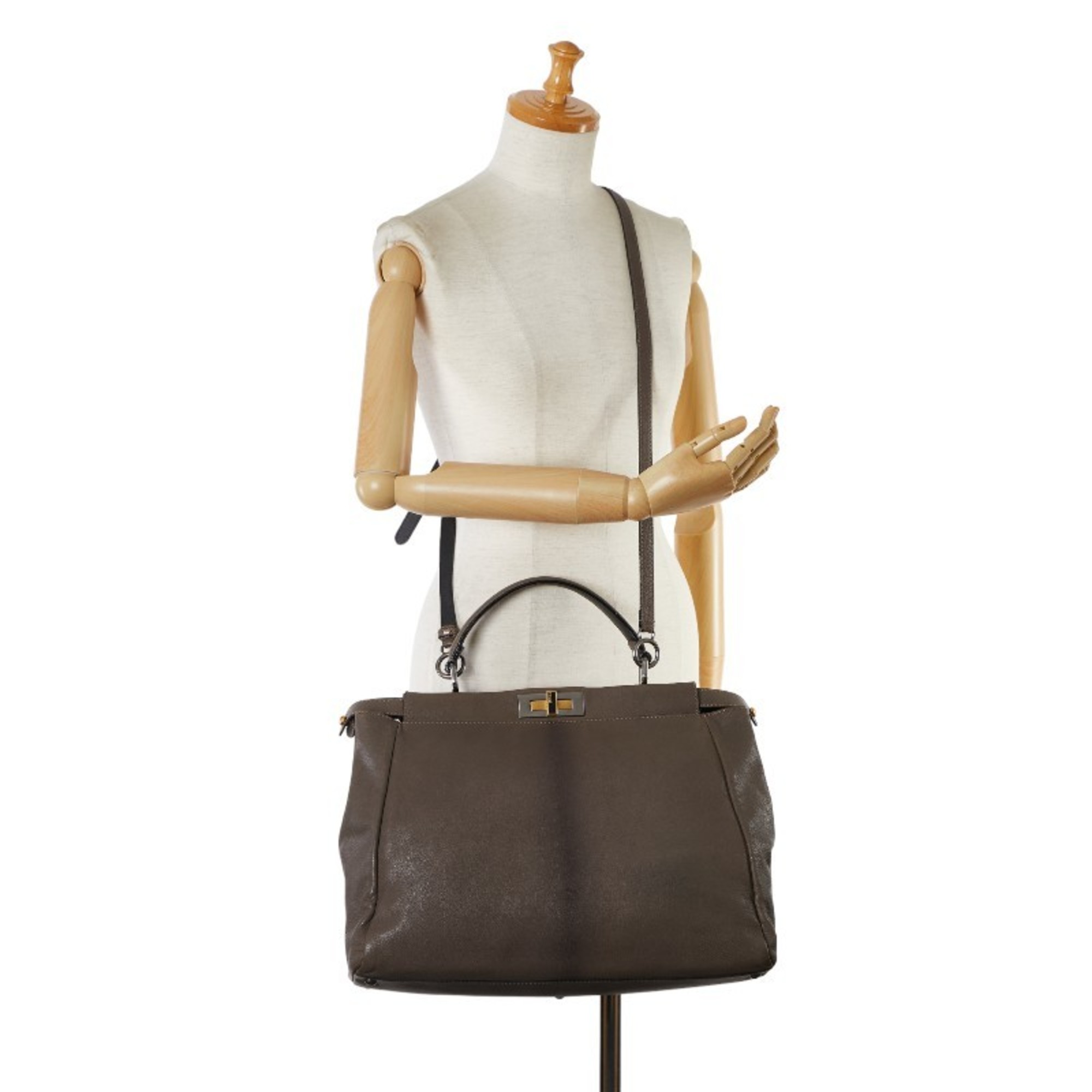 FENDI ZUCCA Handbag Shoulder Bag 8BN210 Khaki Gray Gold Leather Women's