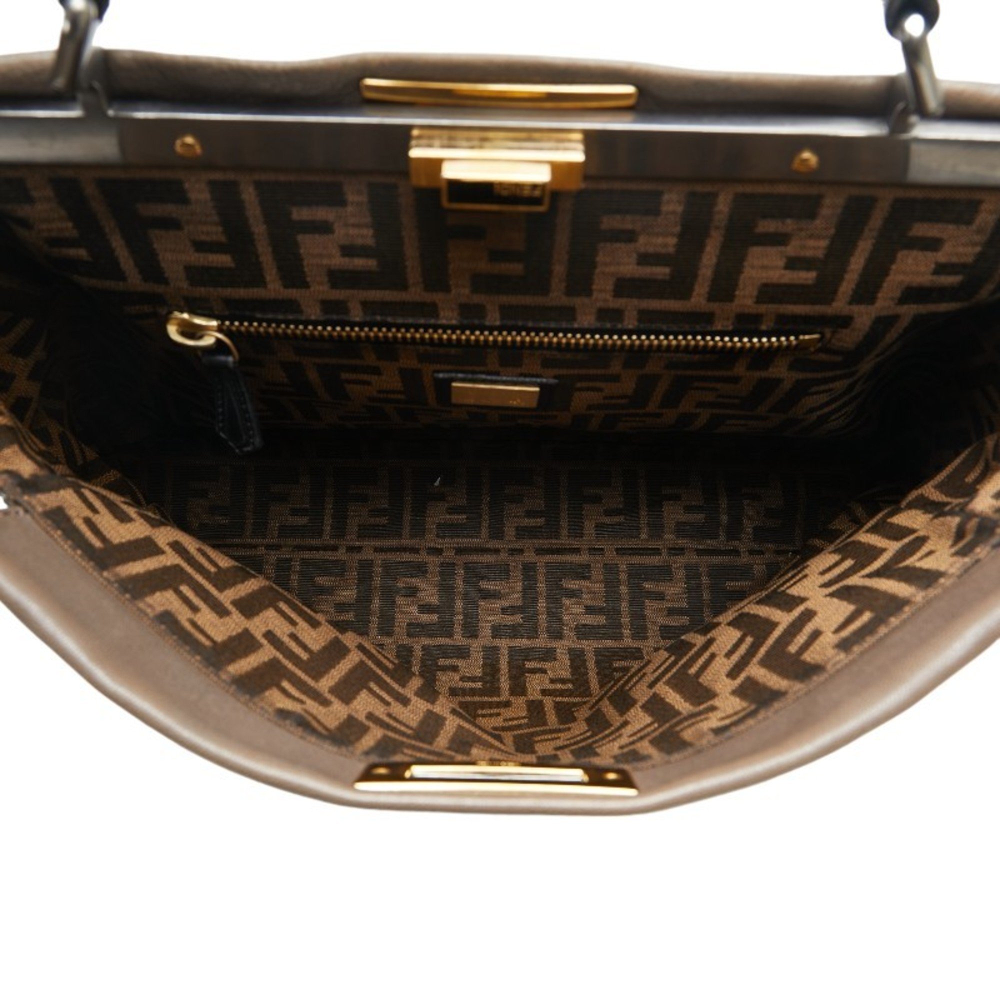 FENDI ZUCCA Handbag Shoulder Bag 8BN210 Khaki Gray Gold Leather Women's