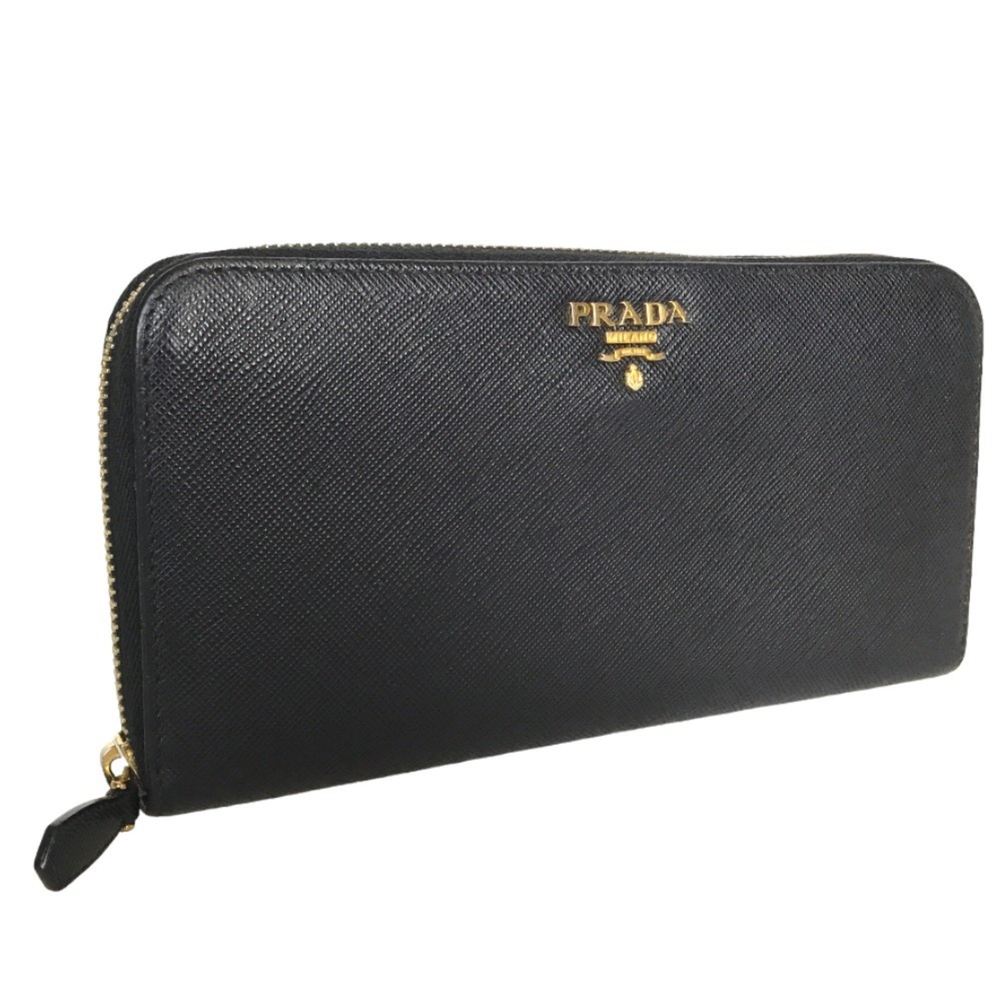 PRADA Prada Saffiano Round Zip Long Wallet for Women Leather Black 1ML506