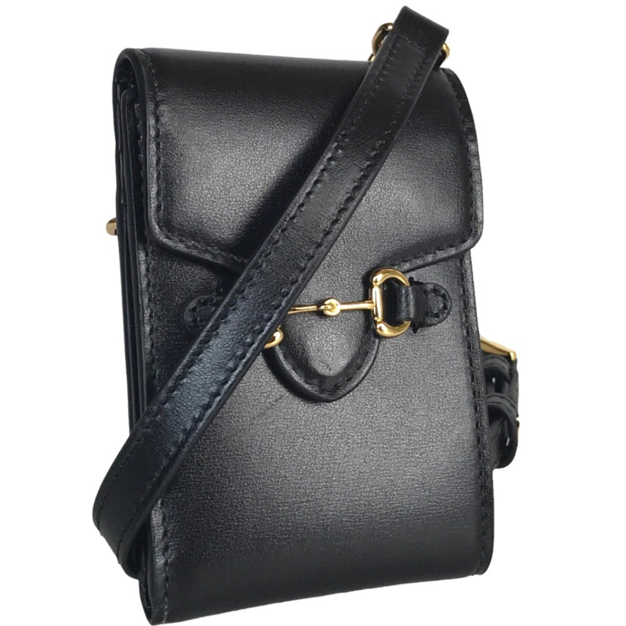 GUCCI Horsebit Crossbody Business Card Holder/Card Case for Women, Leather, Black, 653617 2149