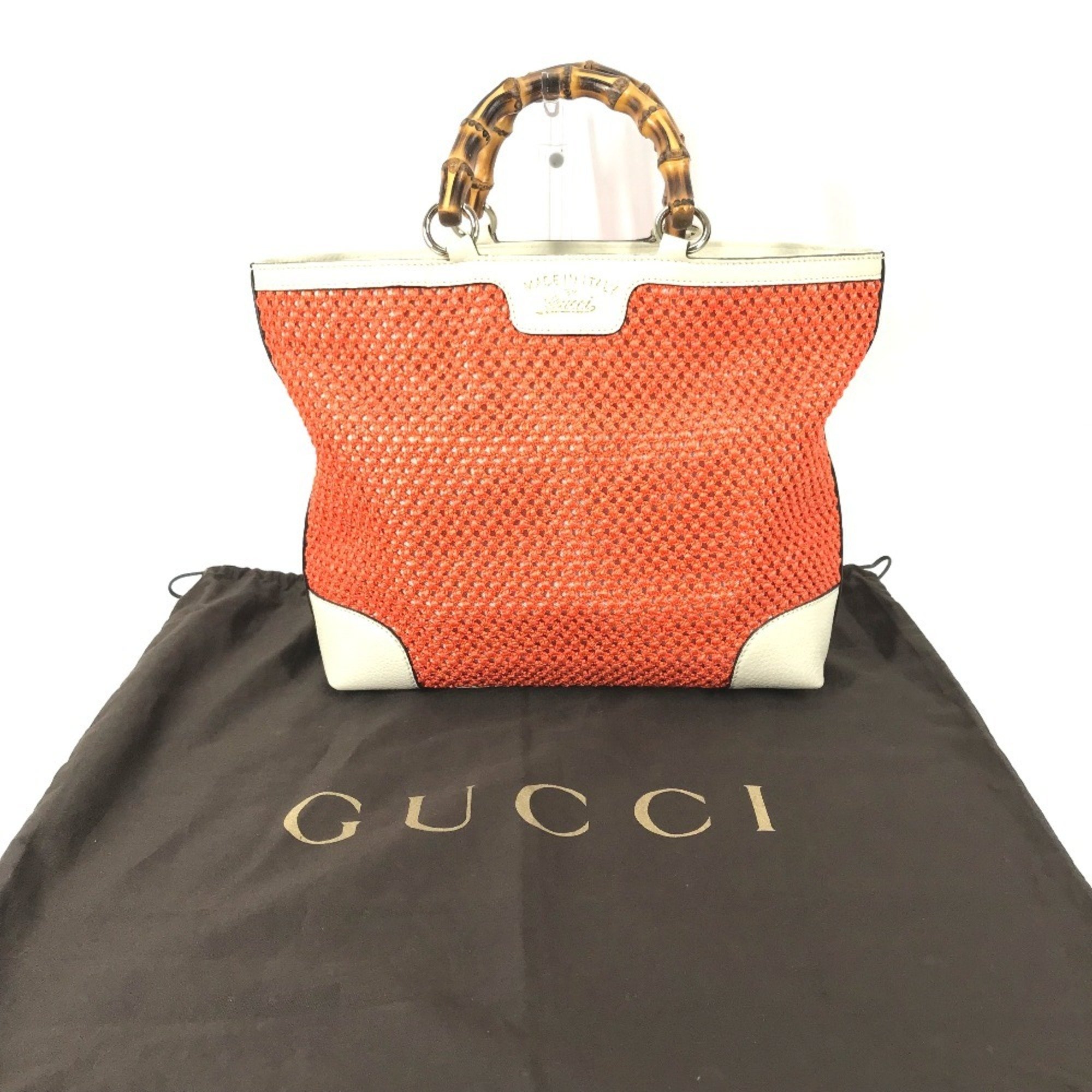 GUCCI Bamboo Tote Bag Handbag Women's Straw Orange White 338965