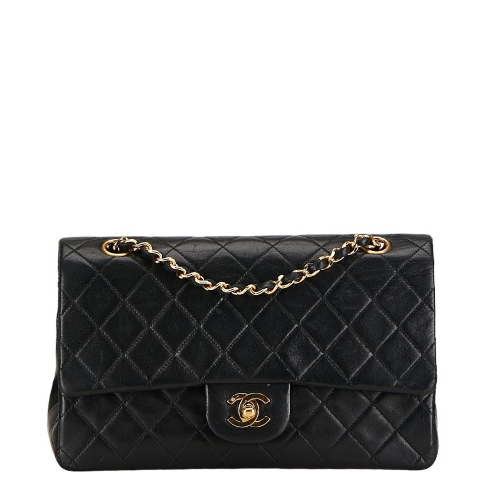 Chanel Matelasse 25 Coco Mark Double Flap Chain Shoulder Bag Black Gold Lambskin Women's CHANEL