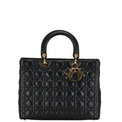 Christian Dior Dior Lady Cannage Large Handbag Shoulder Bag Black Lambskin Women's
