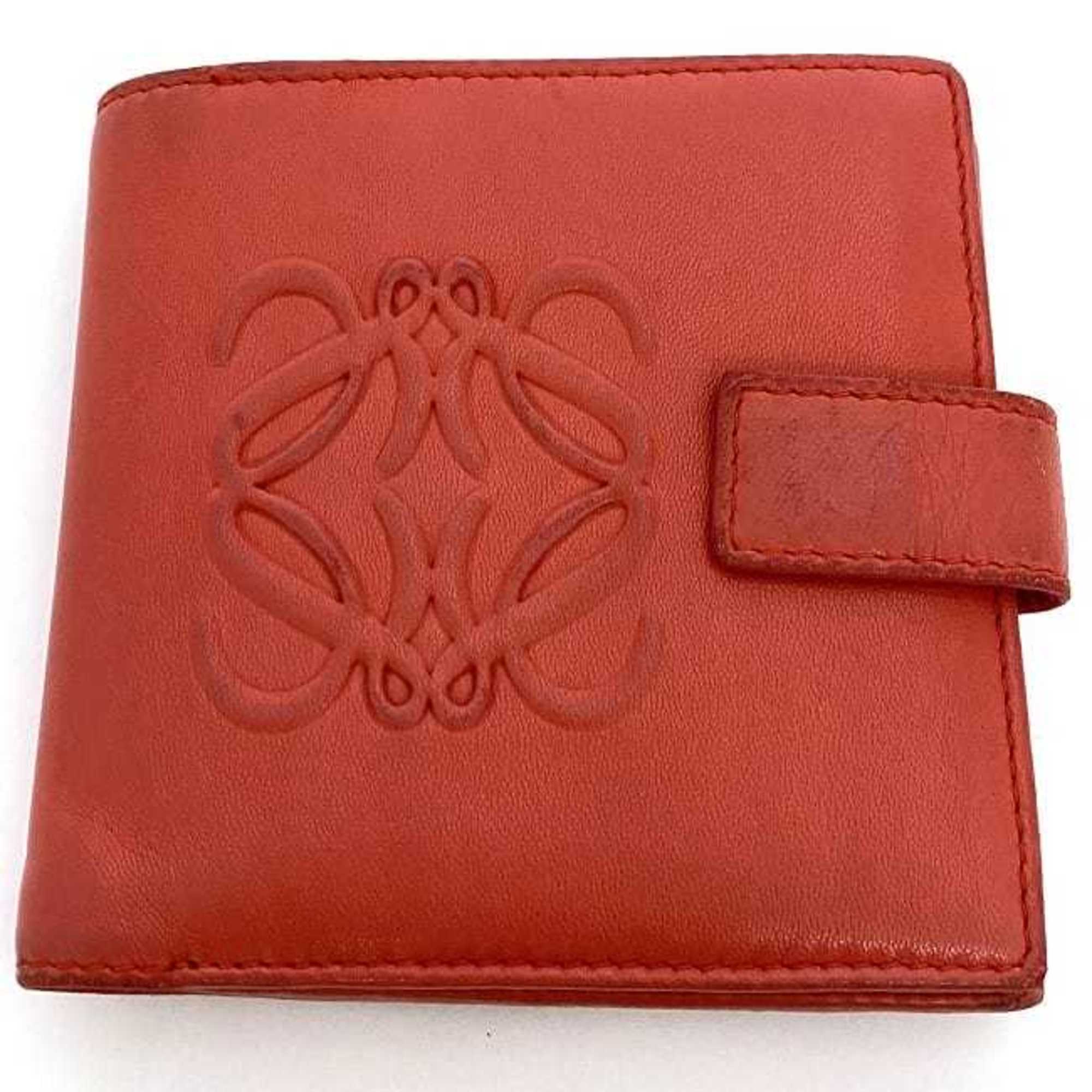 LOEWE Bi-fold Wallet Red Anagram ec-20530 Nappa Leather Compact Flap Soft Women's