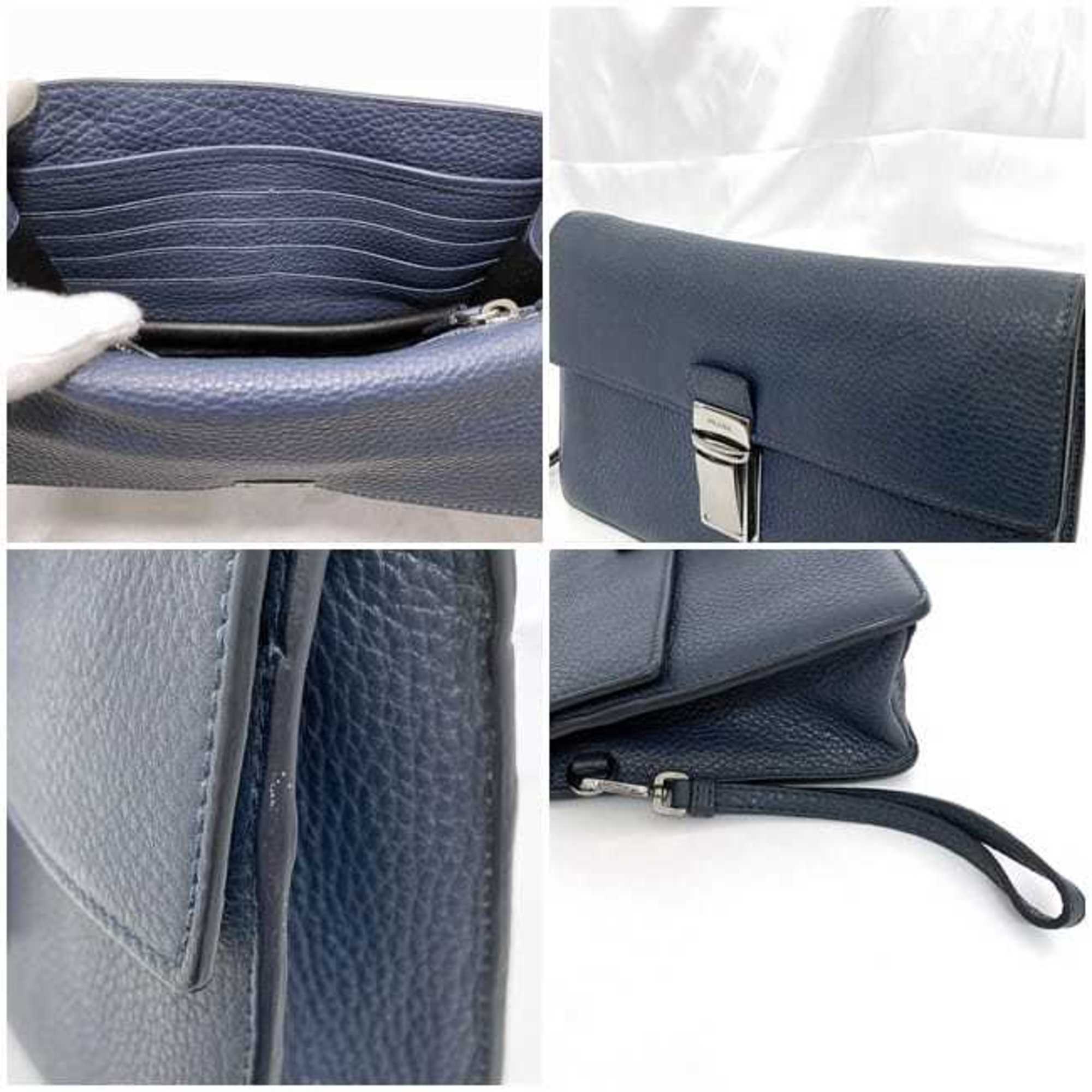 Prada Second Bag Blue VR0092 f-20558 with Strap Saffiano Leather PRADA Clutch Handbag Flap Triangle Plate Men's