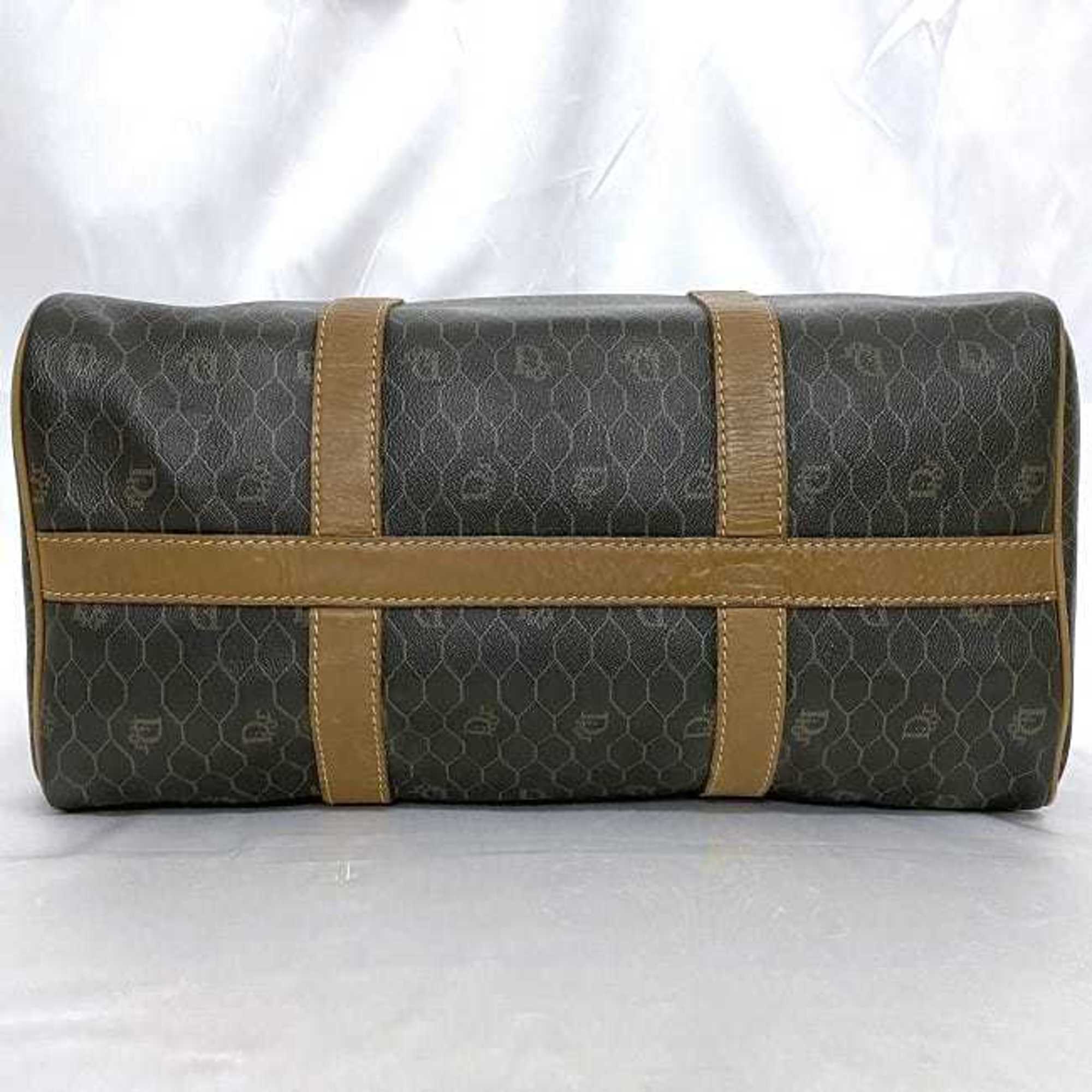 Christian Dior Boston Bag Gray Brown Honeycomb ec-20502 PVC Leather Women's