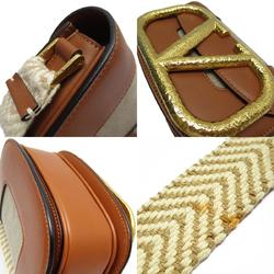 Valentino Garavani Shoulder Bag Supervee Leather Canvas Brown Beige Gold Women's w0476j