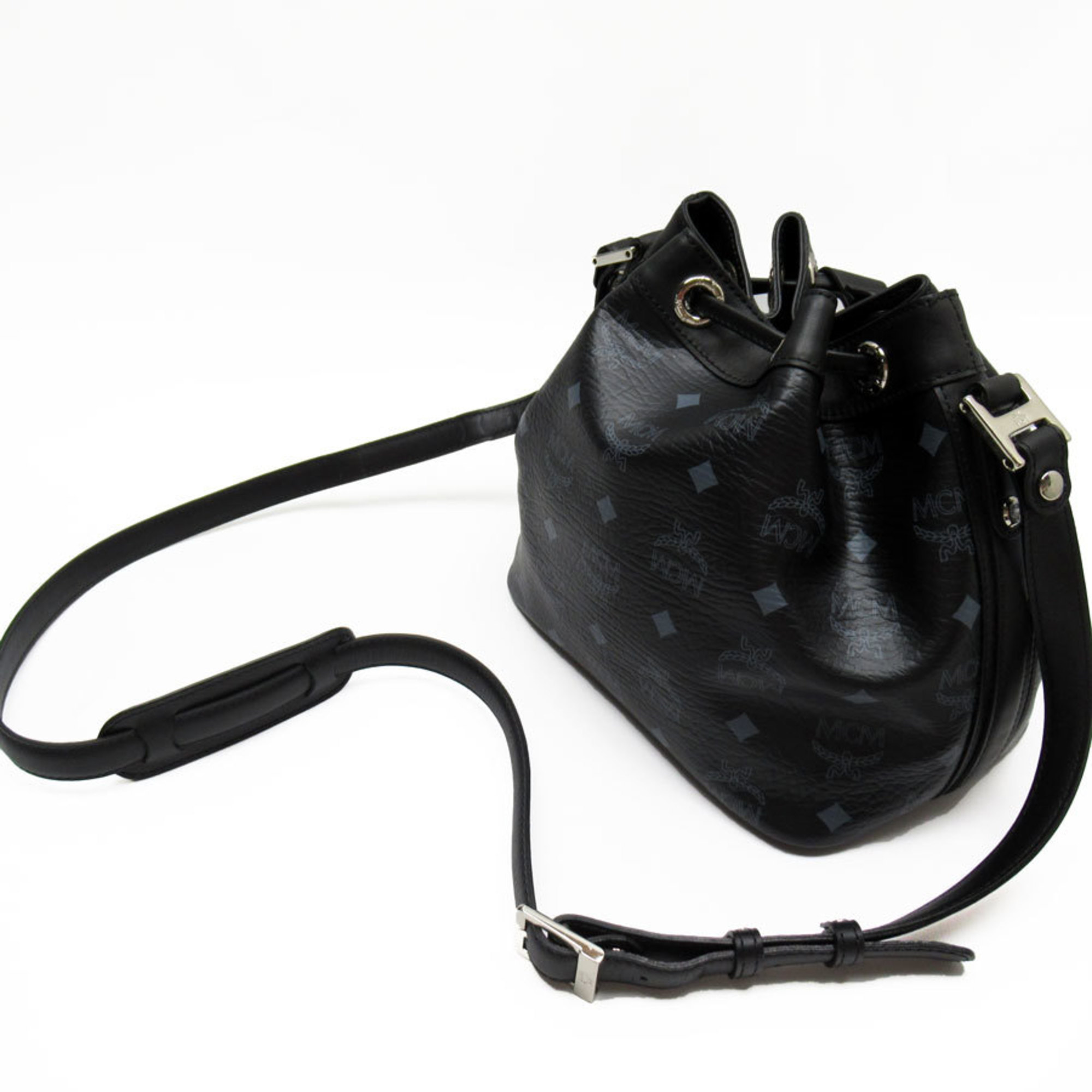 MCM Shoulder Bag Handbag Visetos Drawstrong 2Way Leather Black Grey Women's w0472j