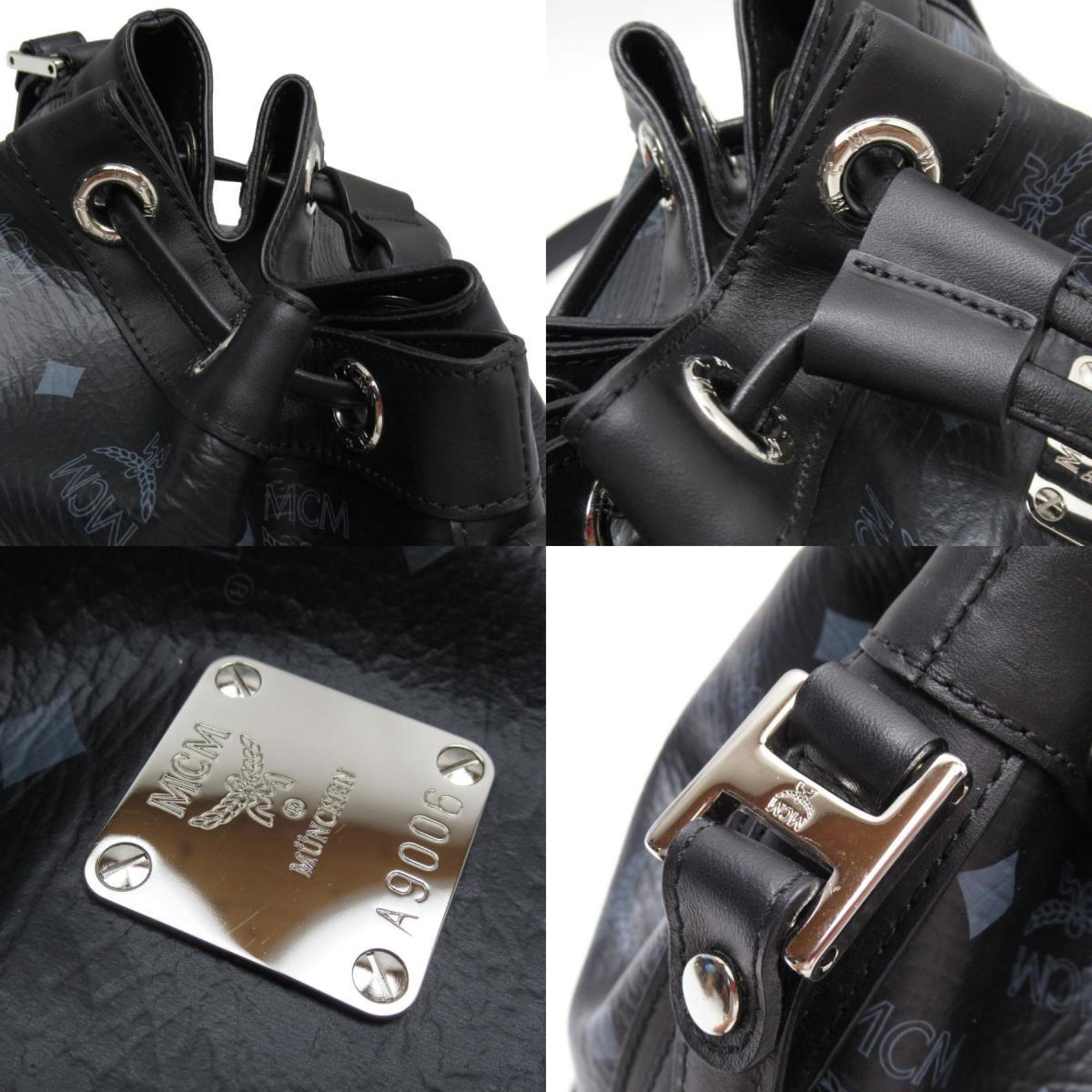 MCM Shoulder Bag Handbag Visetos Drawstrong 2Way Leather Black Grey Women's w0472j