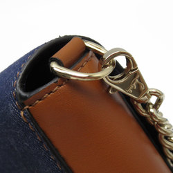 Christian Louboutin Shoulder Bag Canvas Leather Indigo Blue Brown Light Gold Women's w0446i