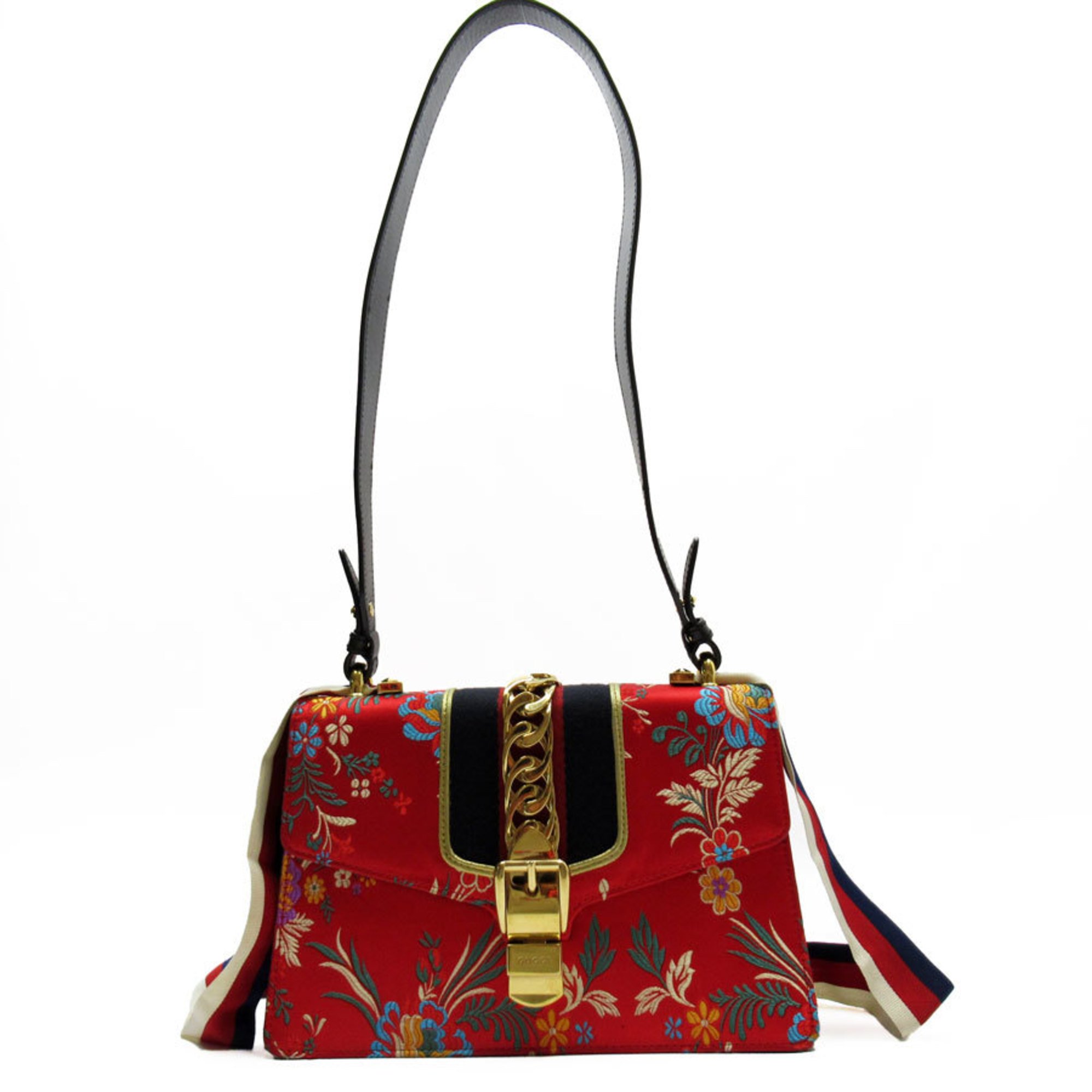 GUCCI Shoulder Bag Sylvie Satin Leather Red Multicolor Gold Women's 421882 w0528a