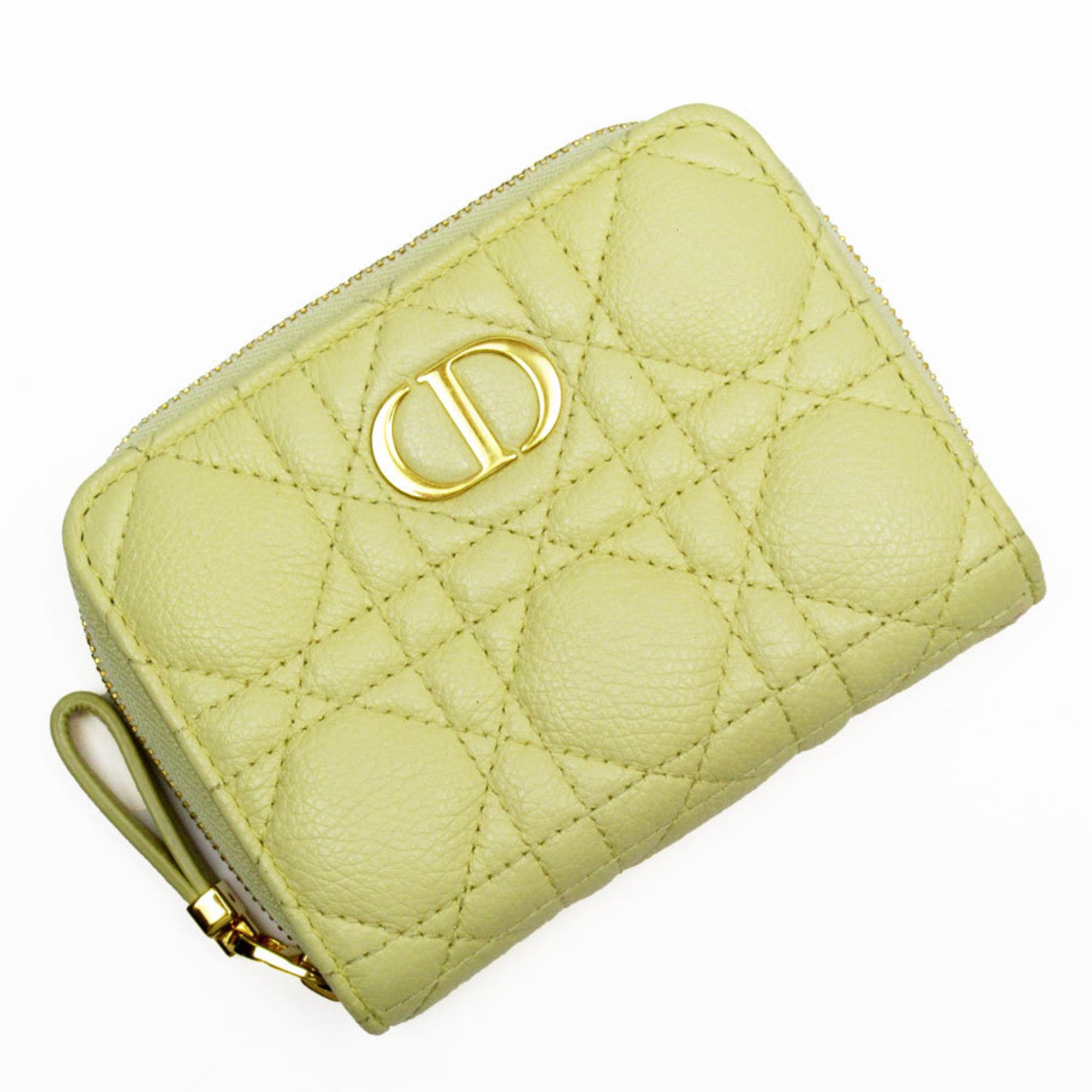Christian Dior Bi-fold Wallet Cannage Leather Light Yellow Gold Women's w0523j