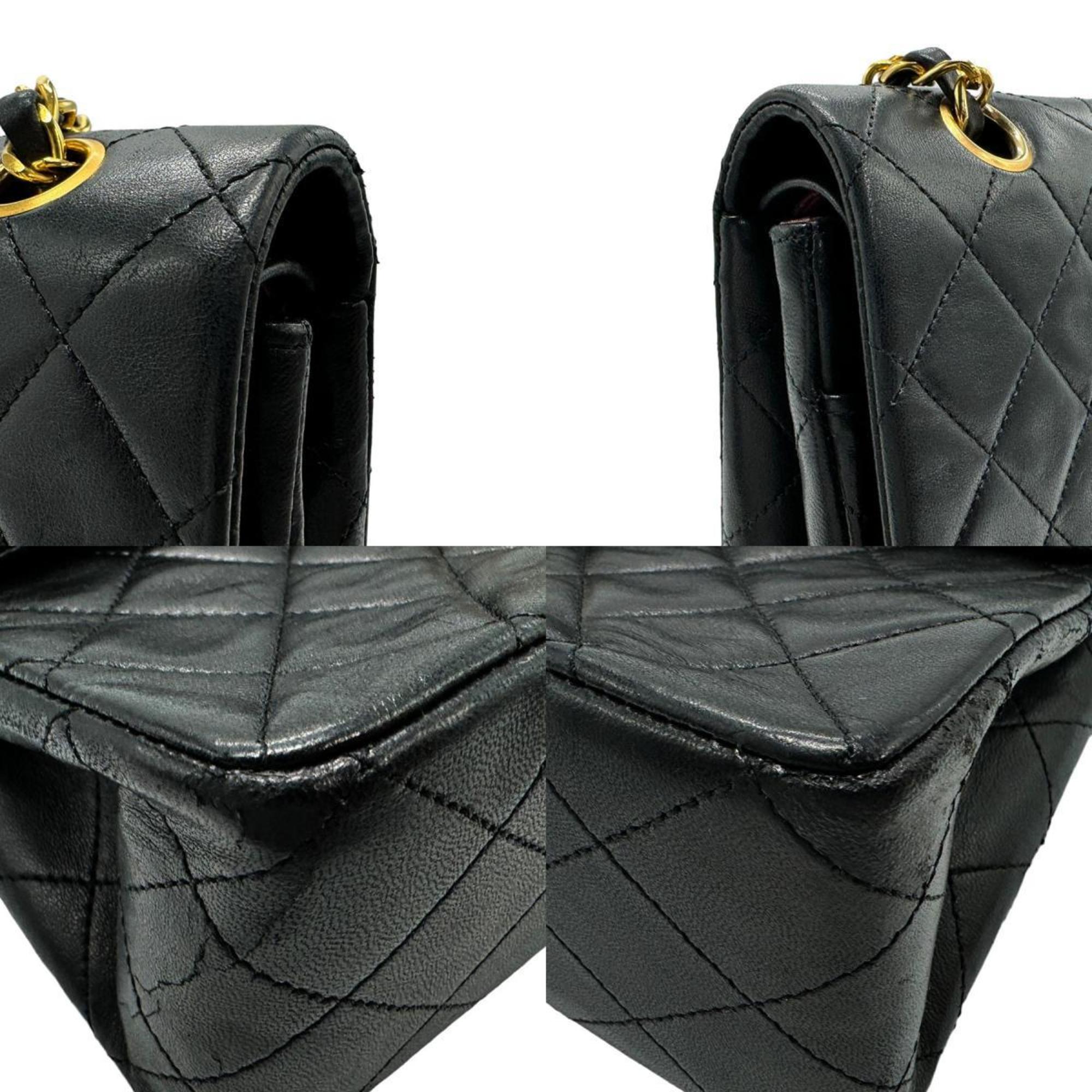 CHANEL Shoulder Bag Matelasse Double Flap Leather Metal Black Gold Women's z1550