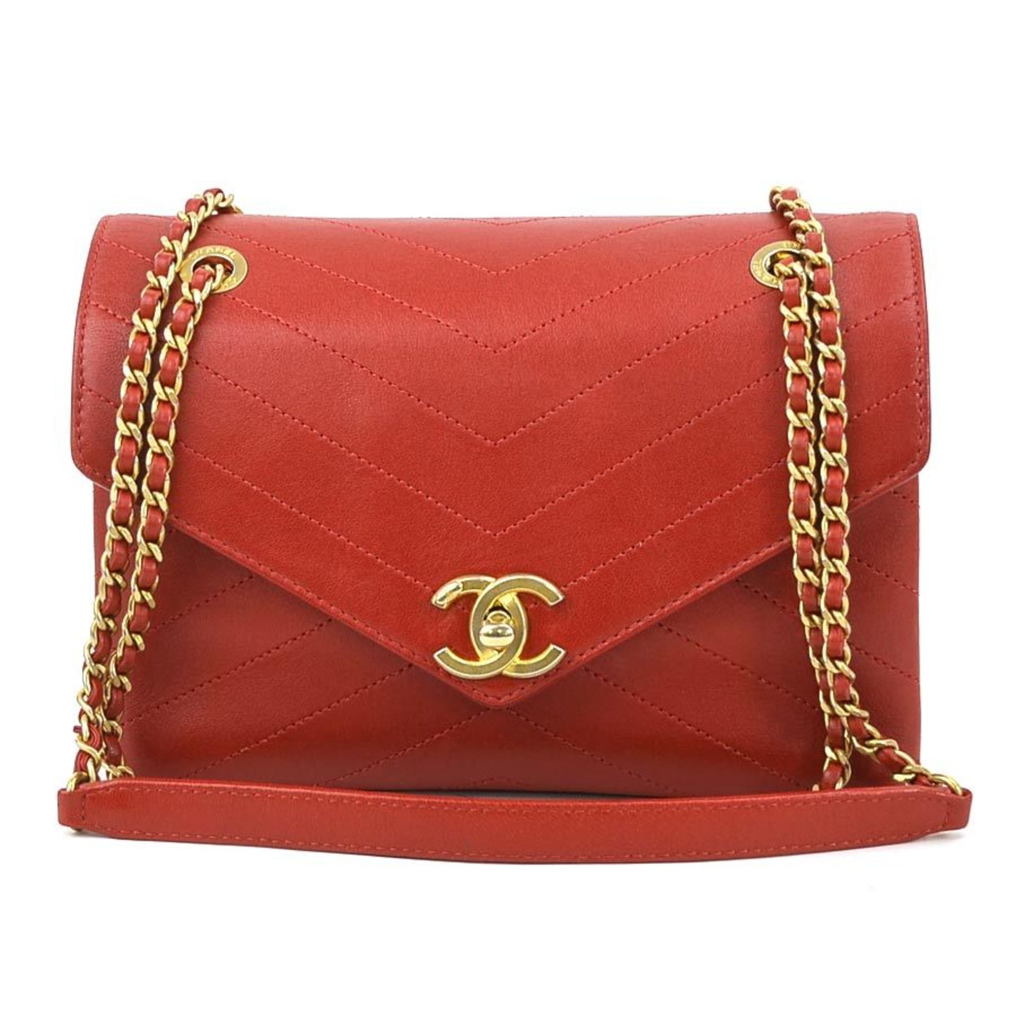 CHANEL Shoulder Bag Chevron Leather Red Women's 99932f