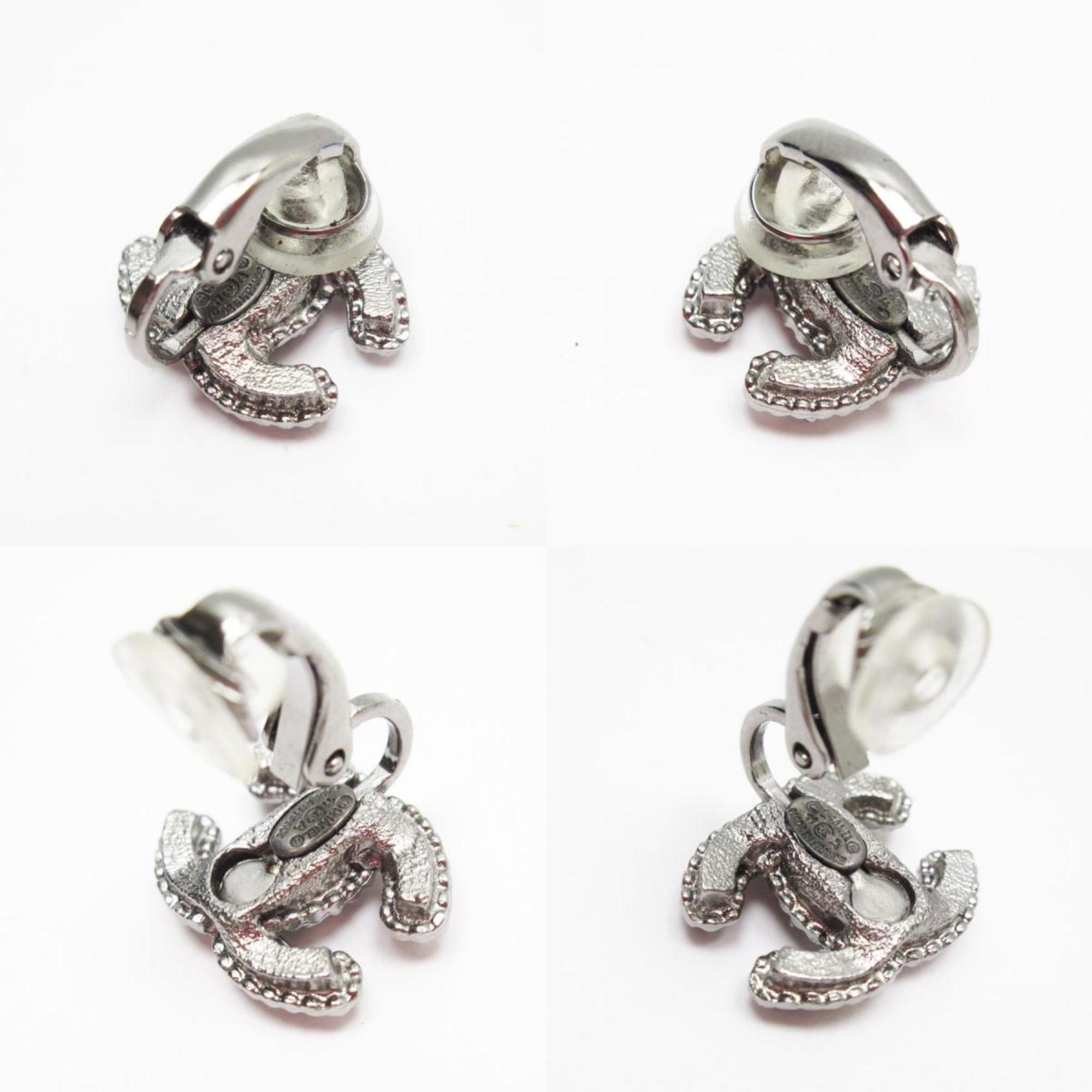 CHANEL Earrings Coco Mark Metal Fake Pearl Silver White Black Women's w0465g