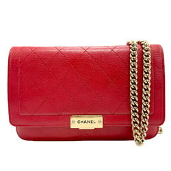 CHANEL Chain Wallet Leather Red Women's z1540